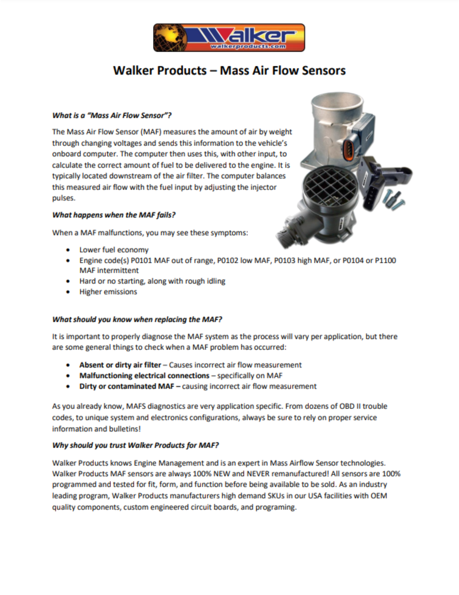 Walker Products 245-1529 Mass Air Flow MAF Sensor Assembly 